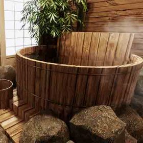 אמבט יפני מסורתי עשוי עץ - כאן כבר נהנים. הניקוי והשטיפה קורים לפני כן